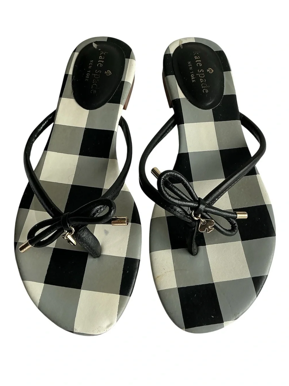 kate spade Black & White Gingham Bow Thong Sandals